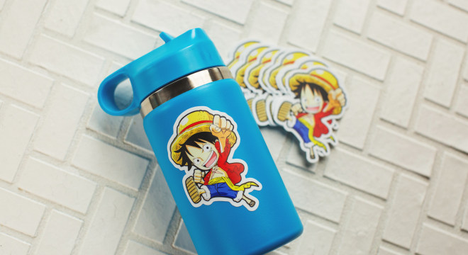 Cute custom anime stickers on a water bottle