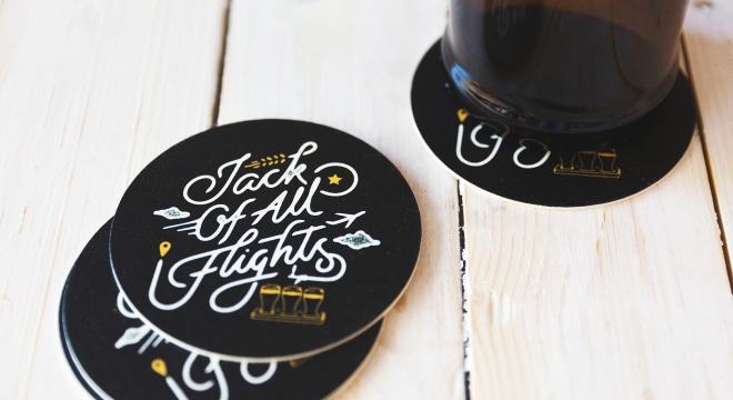 Custom bar coasters and beer bottle