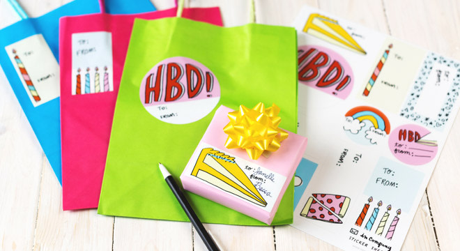 Birthday stickers on gift bags