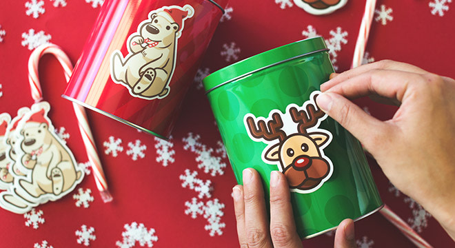 Christmas stickers on tins