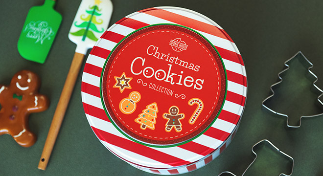 Christmas stickers on cookie tin