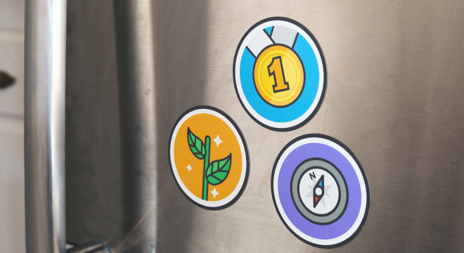 Custom circle magnets on fridge