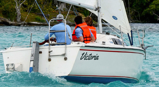 Sailboat with personalized vinyl boat lettering