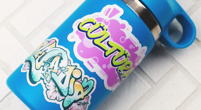 Graffiti stickers applied on a water bottle