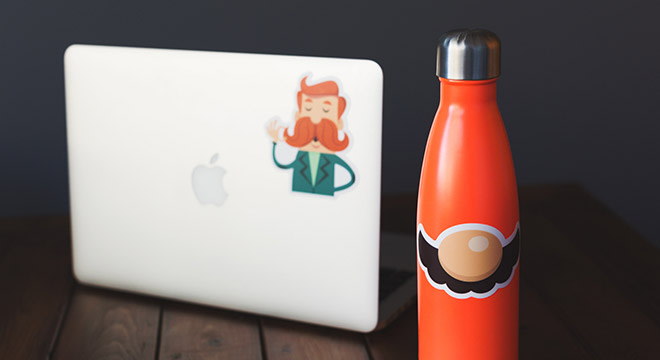 Custom mustache sticker on water bottle