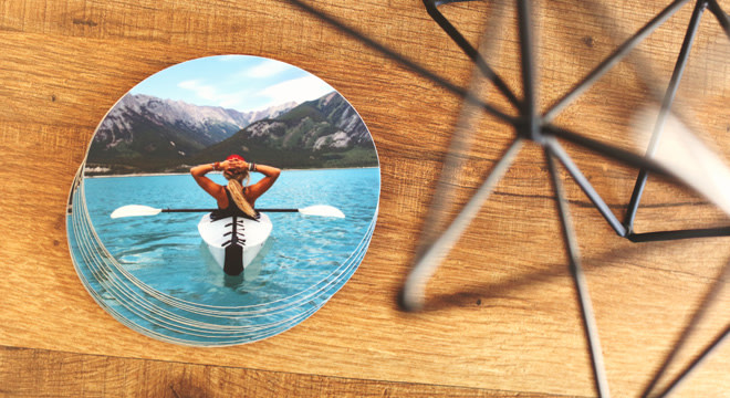 Custom photo sticker of kayaker on a lake in the mountains