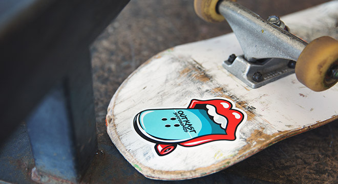 Full-color skateboard sticker applied to deck