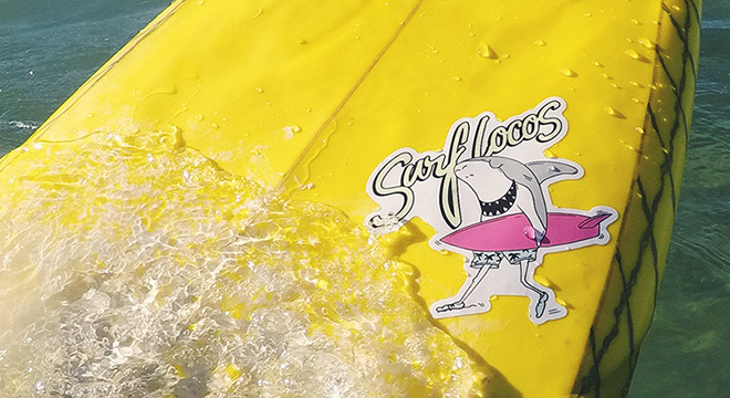 Die cut shark sticker applied to surfboard