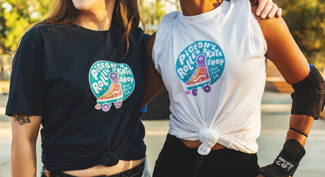Custom t-shirts with logos being worn by people