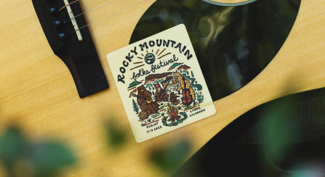 custom rounded corner sticker of a rocky mountain folks festival