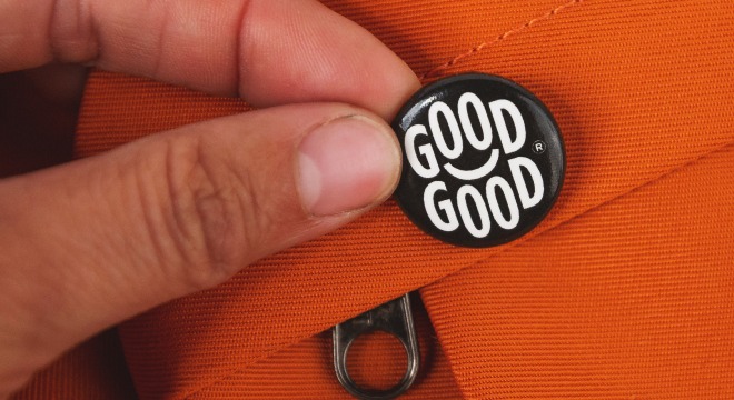 small custom button on a orange fabric