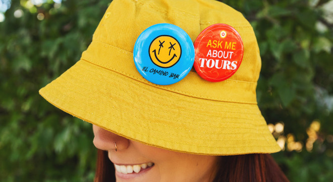 large custom buttons on a bucket hat