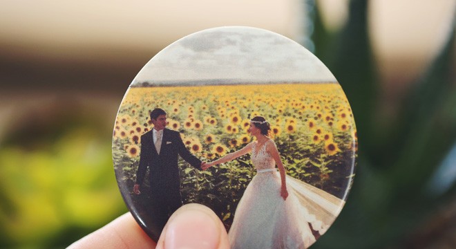 Custom round pin-back button for wedding