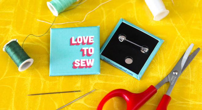 Custom square pin-back buttons and scissors