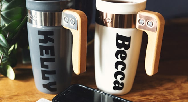 Vinyl lettering applied to mugs