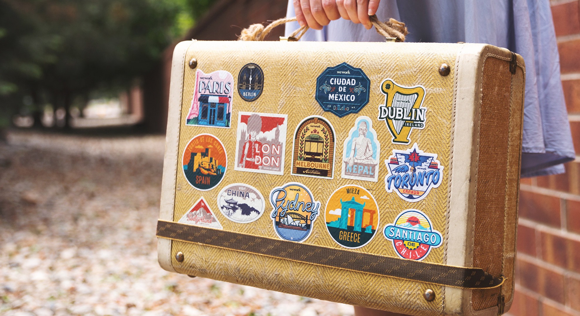 Vintage suitcase with travel stickers sales