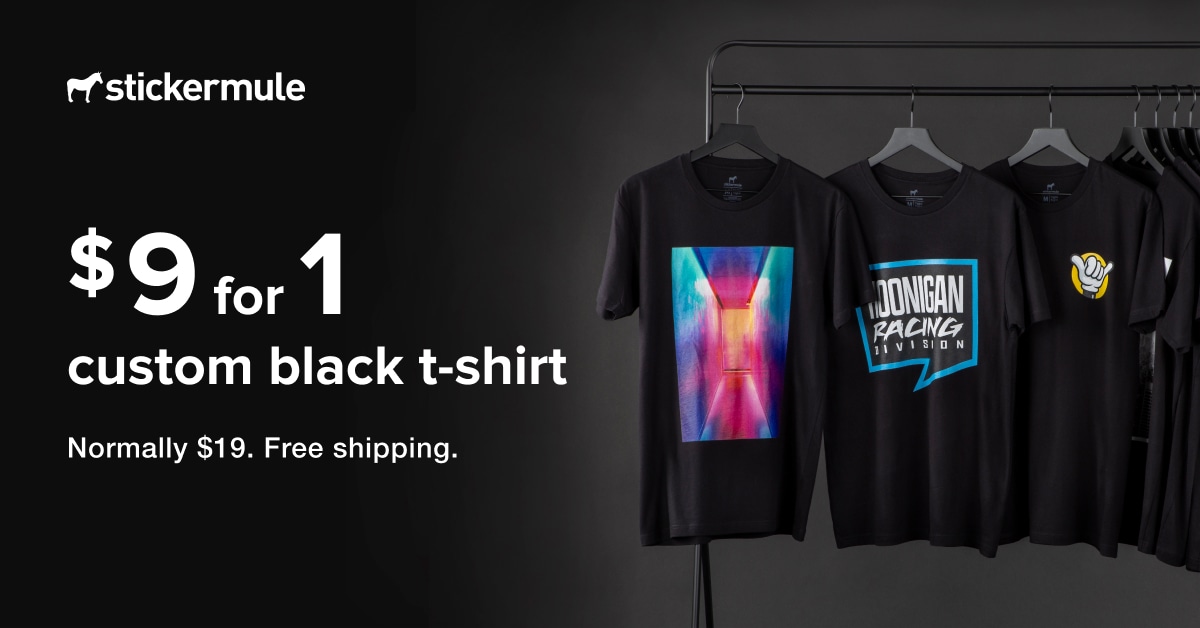 Custom black t-shirt $11 for first t-shirt; free shipping; one day only