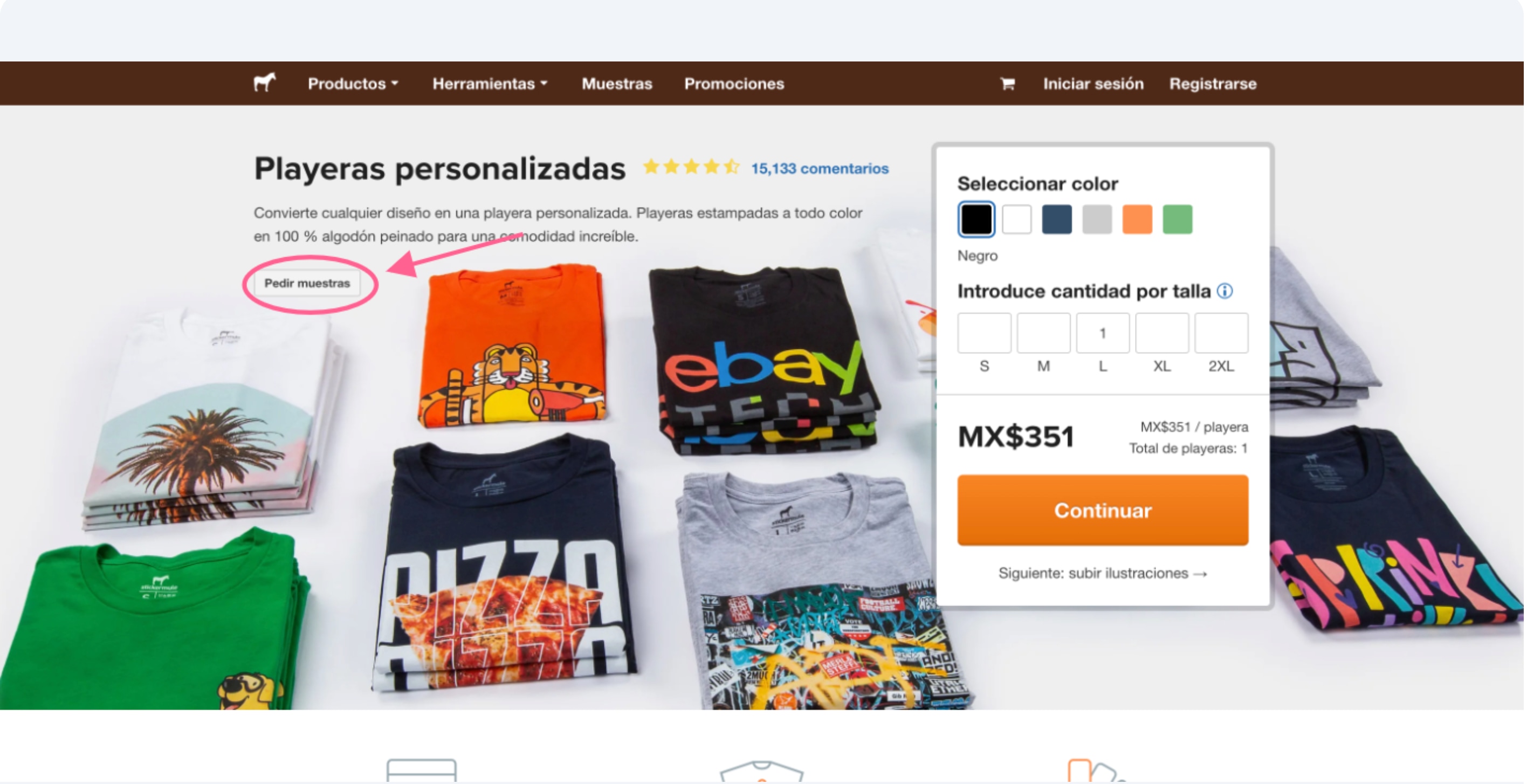captura de pantalla del botón de muestras de camisetas personalizadas de Sticker Mule para pedir camisetas impresas personalizadas