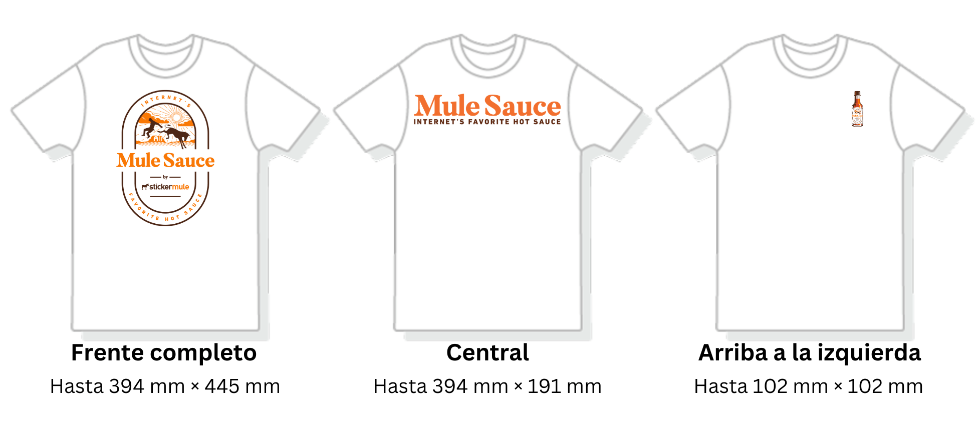 comparación visual de diferentes áreas de impresión en camisetas personalizadas