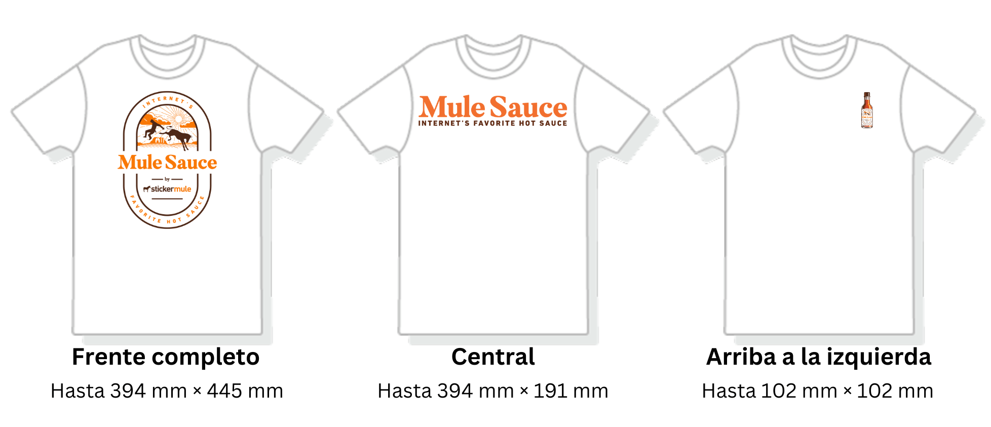 comparación visual de diferentes áreas de impresión en remeras personalizadas