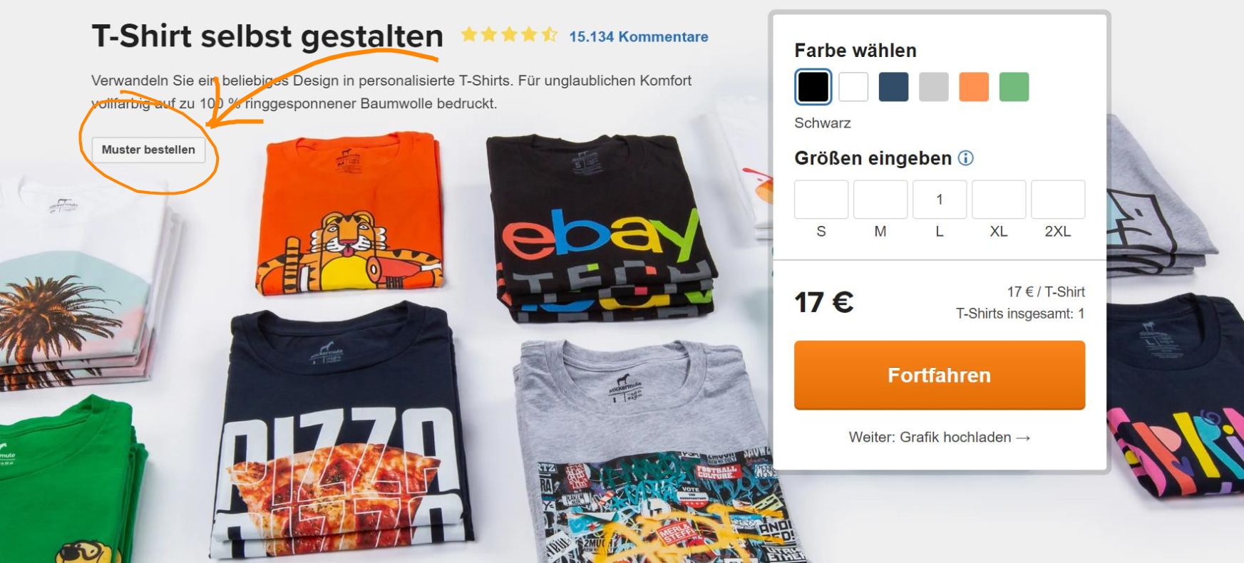 Screenshot der Schaltfläche "Muster bestellen" von Sticker Mule für individuell bedruckte T-Shirts