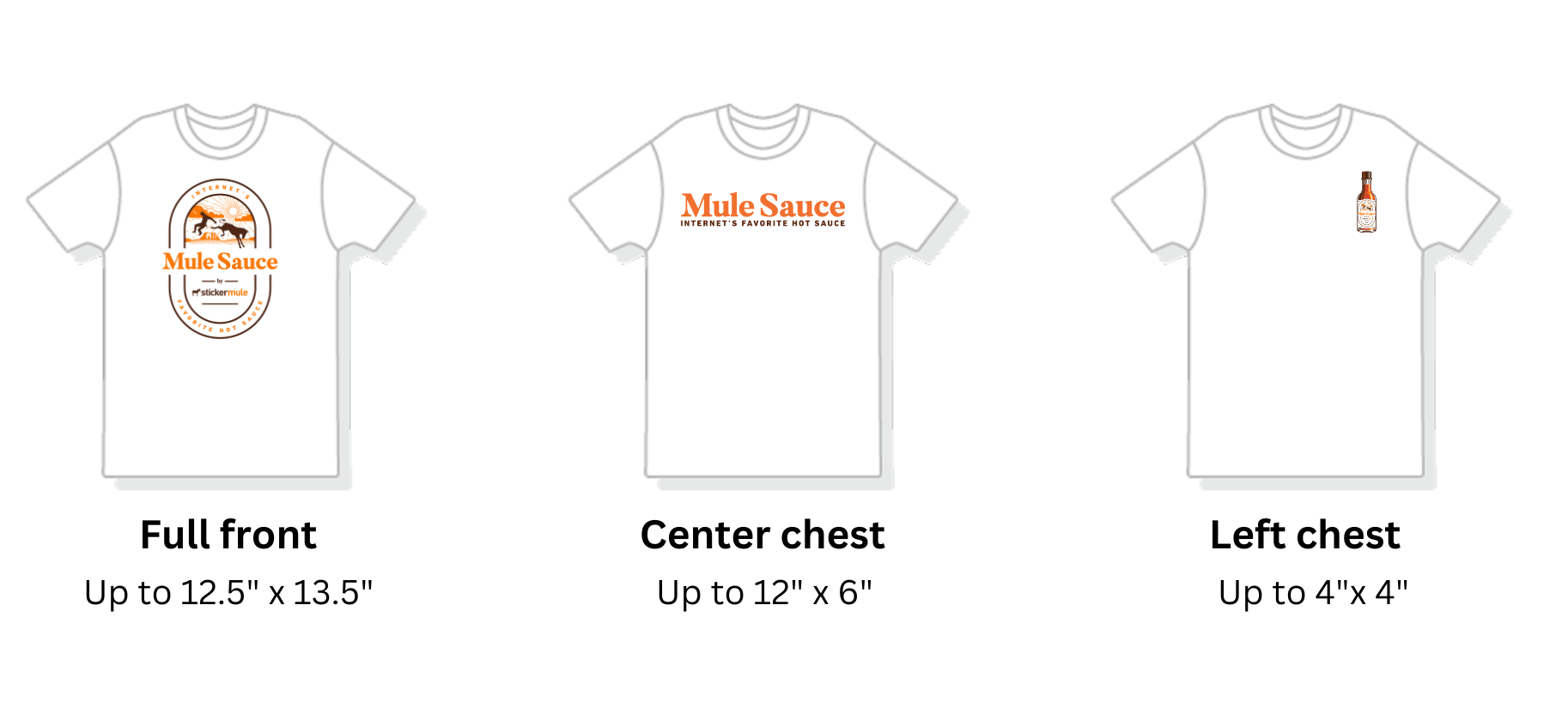 visual comparison of different print areas on custom t-shirts