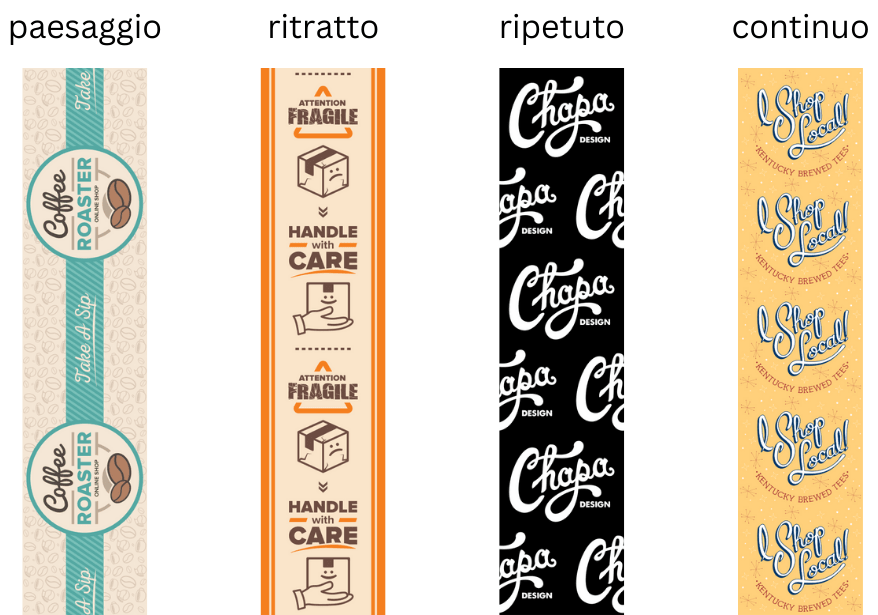 esempi di diversi tipi di layout per nastro adesivo per pacchi