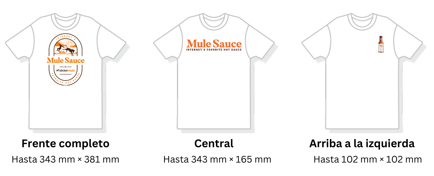 comparación visual de diferentes áreas de impresión en remeras personalizadas