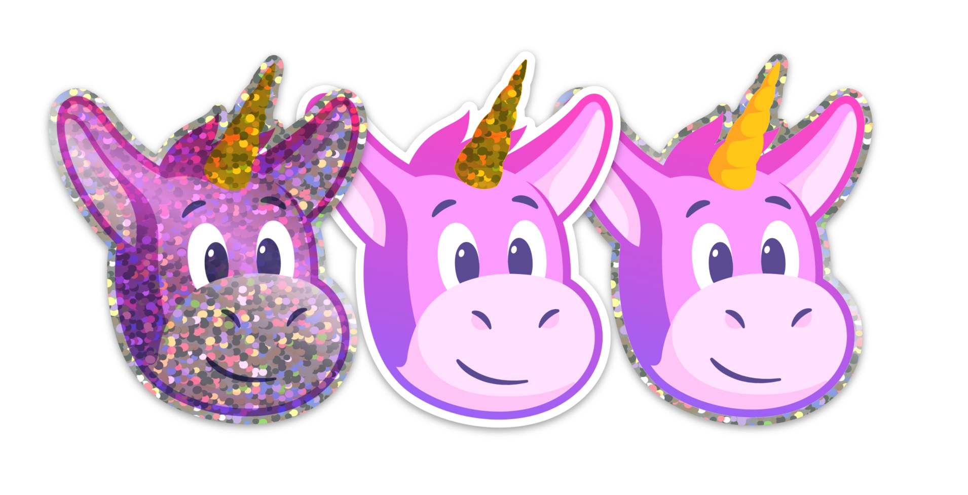 tres pegatinas glitter de unicornio mostrando diferentes efectos de purpurina