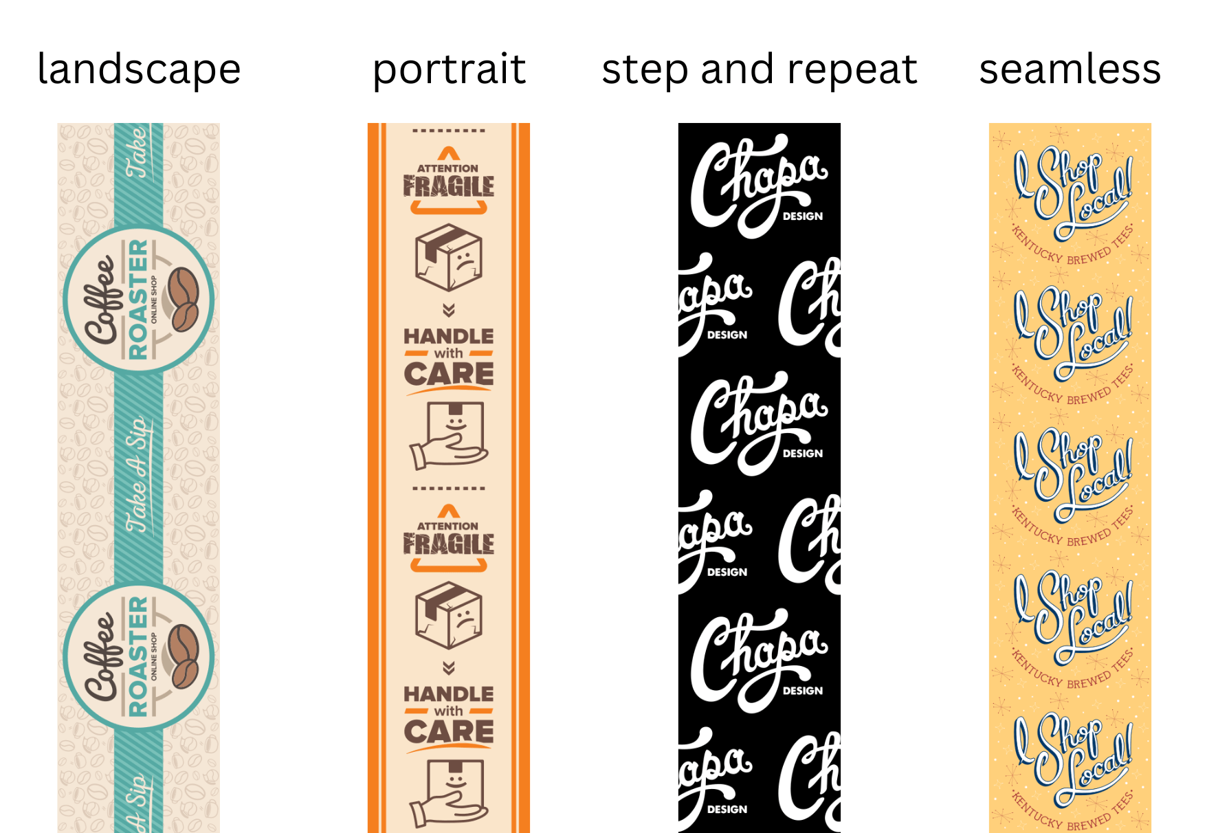 exemplos de diferentes layouts de fita adesiva