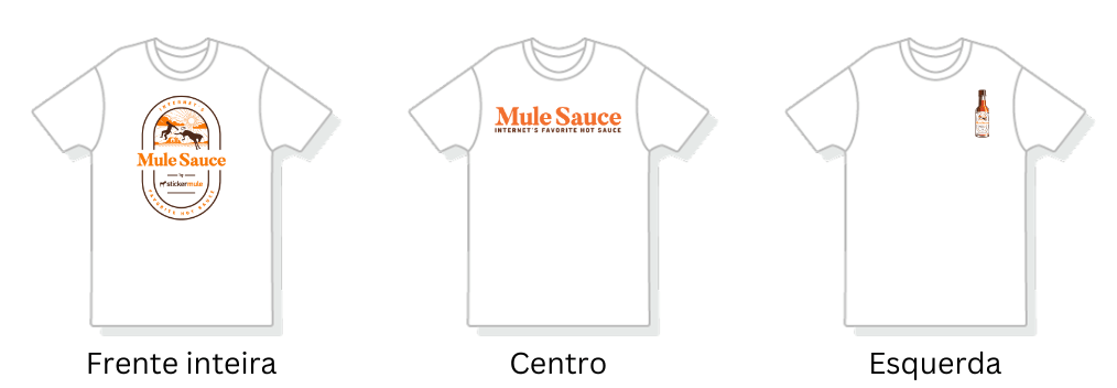 camisetas personalizadas com designs em diferentes áreas, incluindo frente inteira, centro e esquerda