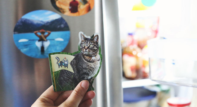 koelkastmagneten op maat van een kat en een kajak