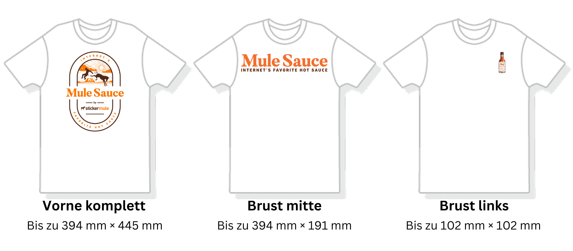 visueller Vergleich der verschiedenen Druckbereiche auf personalisierten T-Shirts
