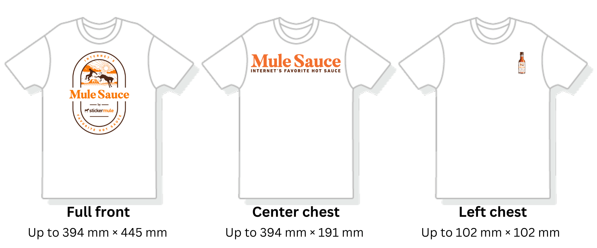 visual comparison of different print areas on custom t-shirts