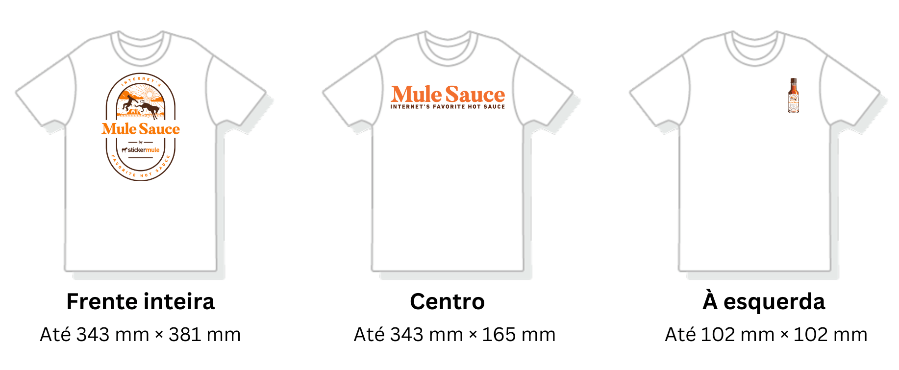 comparação visual de diferentes áreas de impressão em t-shirts personalizadas