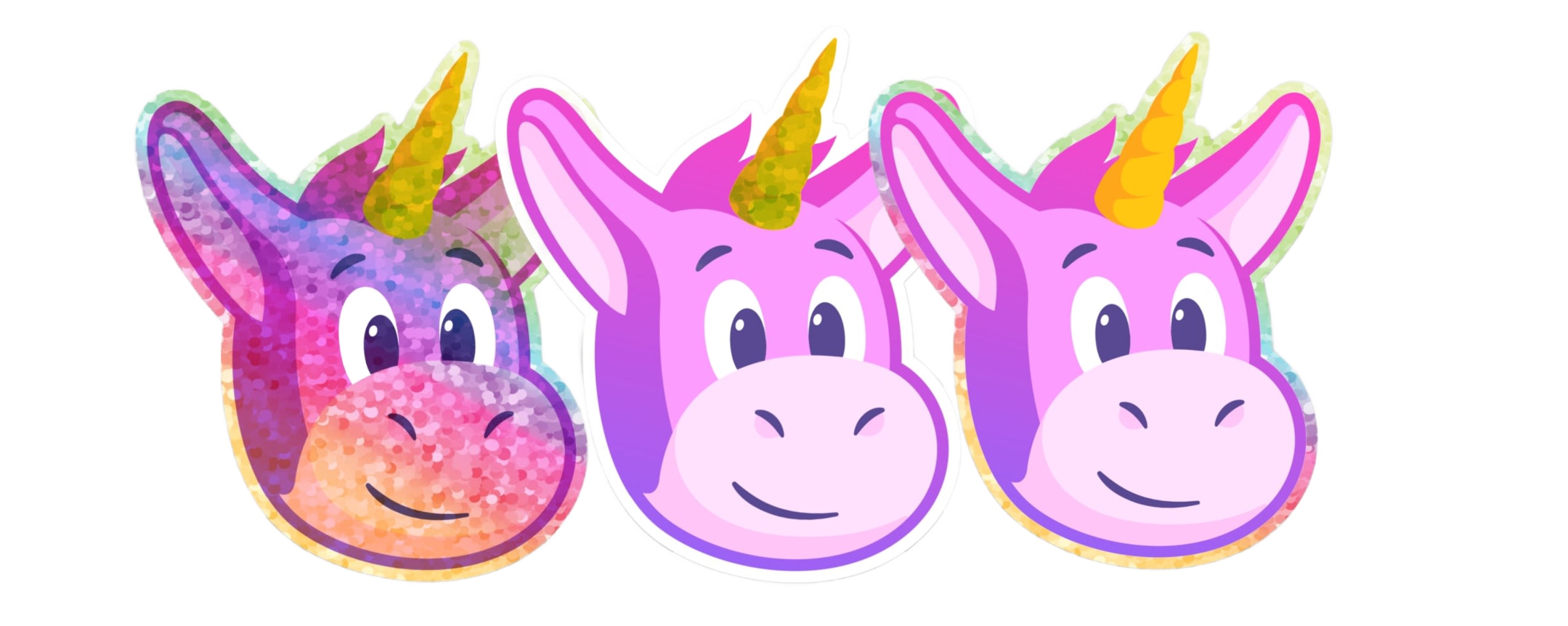 three unicorn glitter stickers showcasing different glitter effects