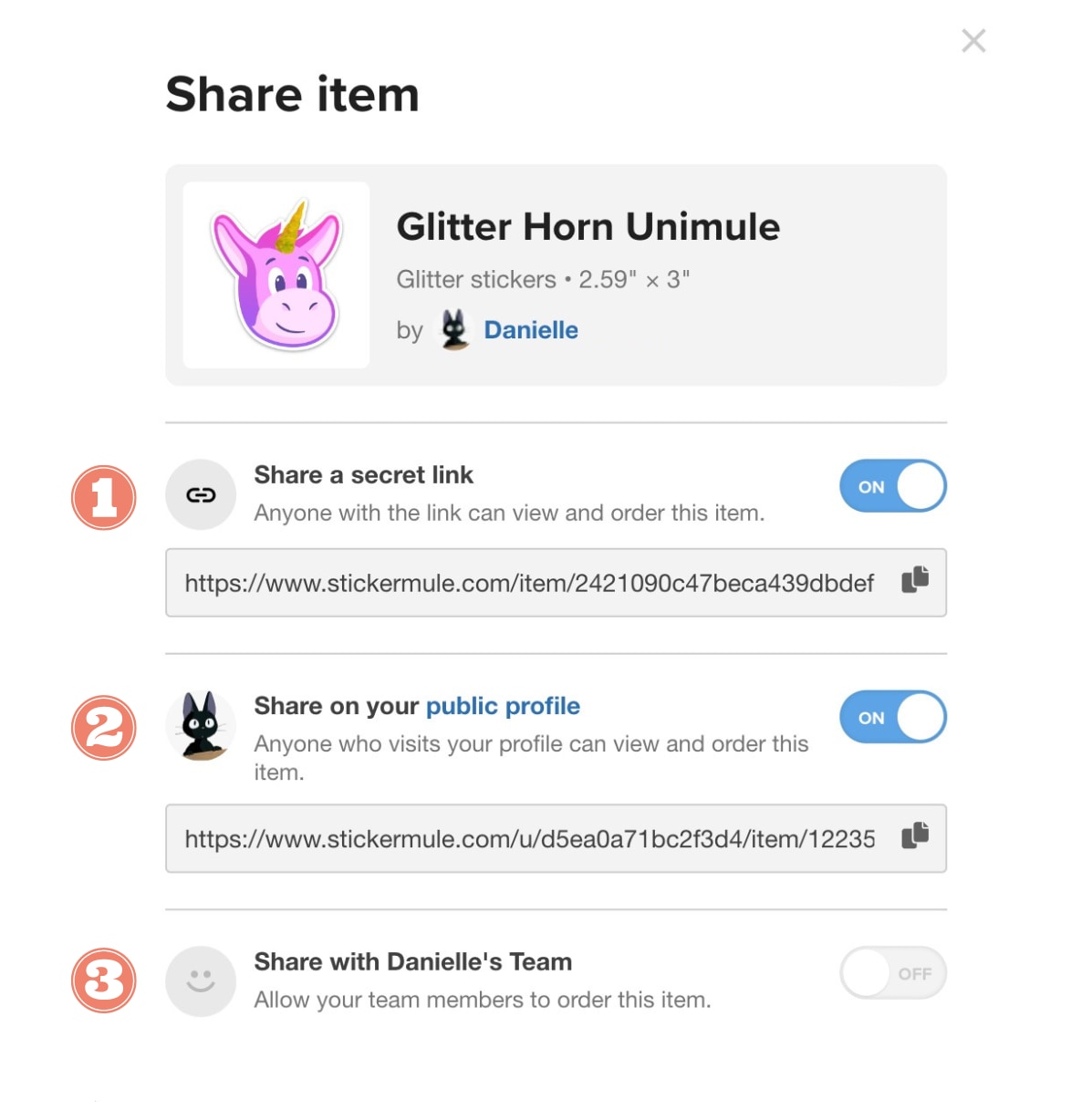 sticker mule account showing different share artwork options