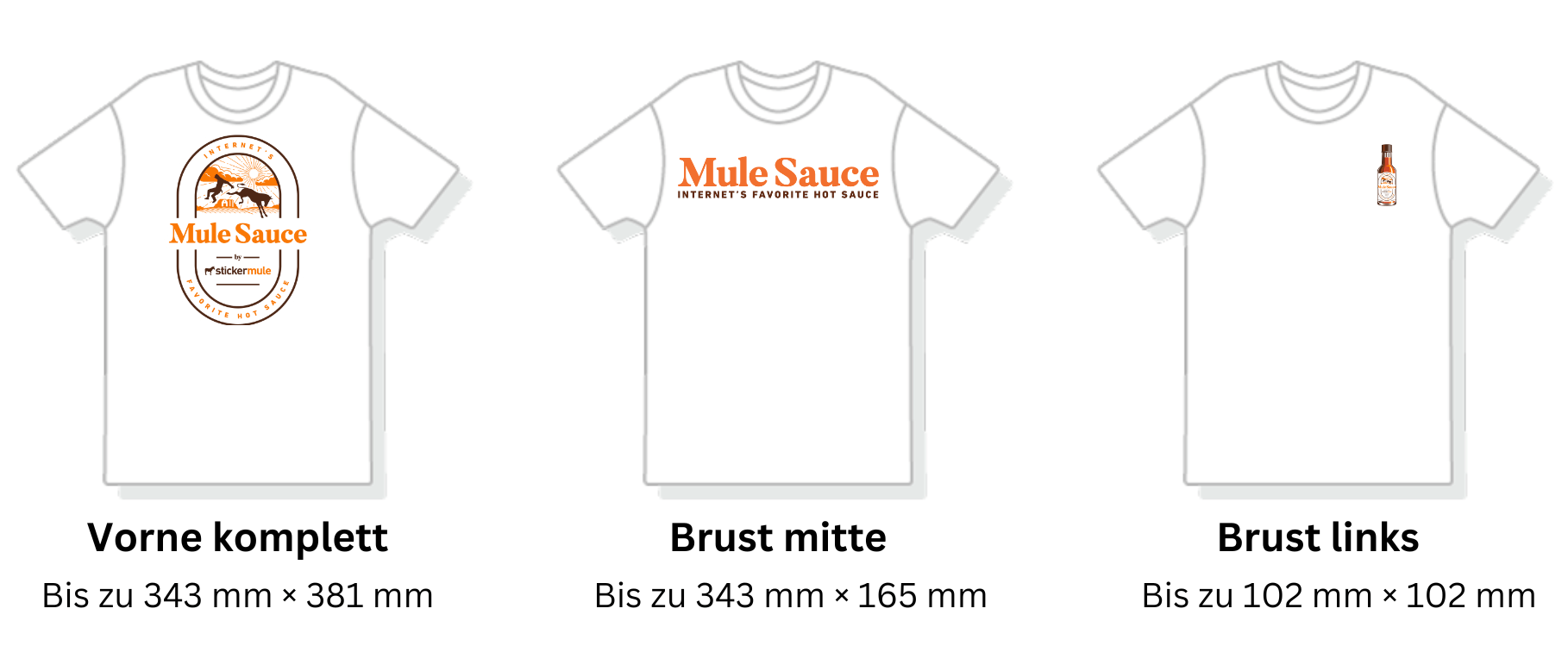 visueller Vergleich der verschiedenen Druckbereiche auf personalisierten T-Shirts