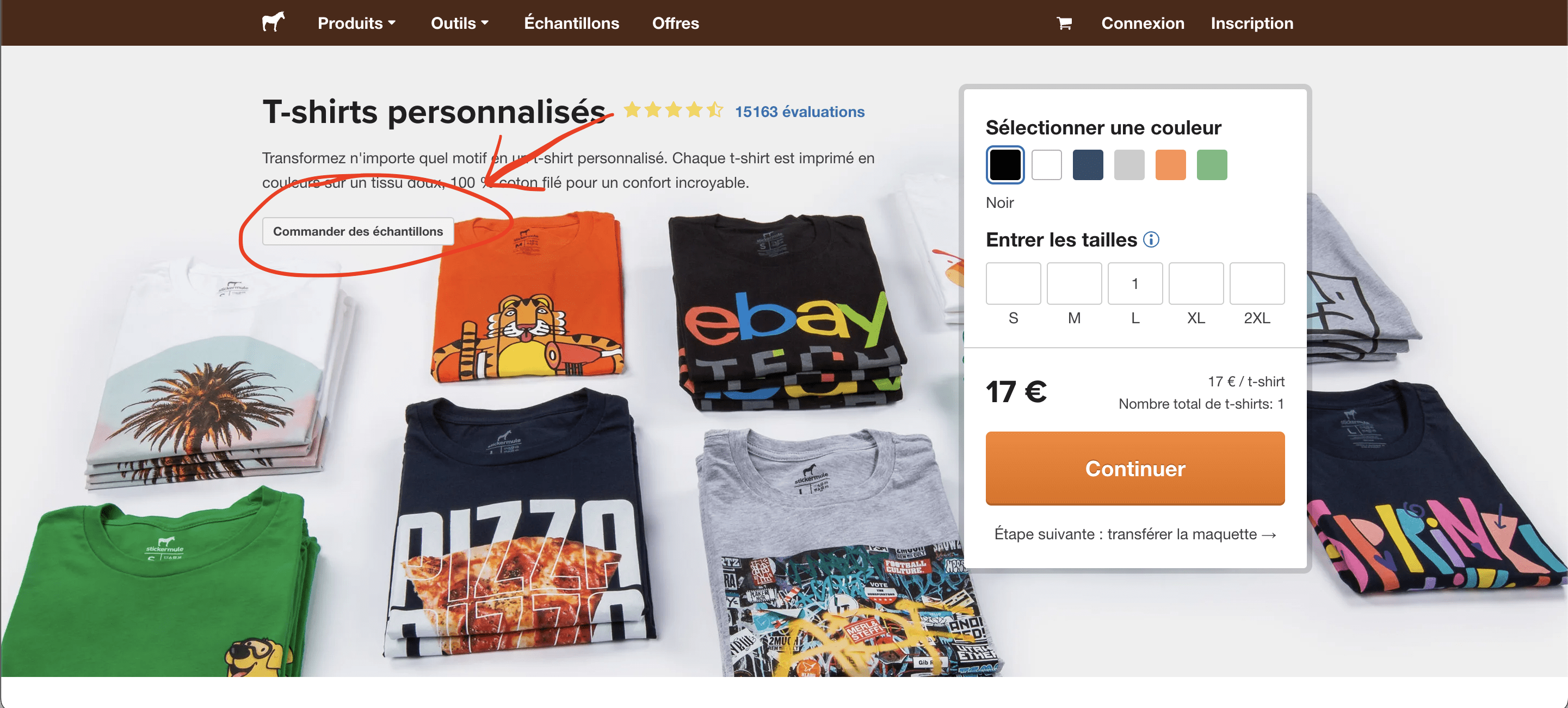 Capture d'écran du bouton d'échantillons de t-shirts personnalisés de Sticker Mule pour commander des t-shirts imprimés personnalisés