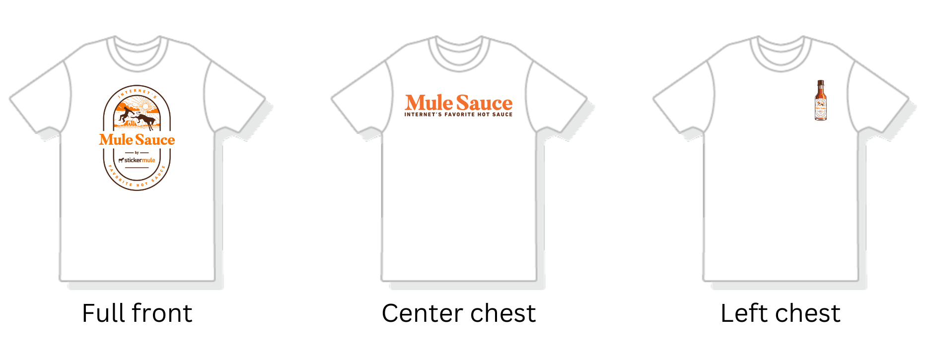 custom t-shirts with designs printed in different locations like full front, center chest, and left chest