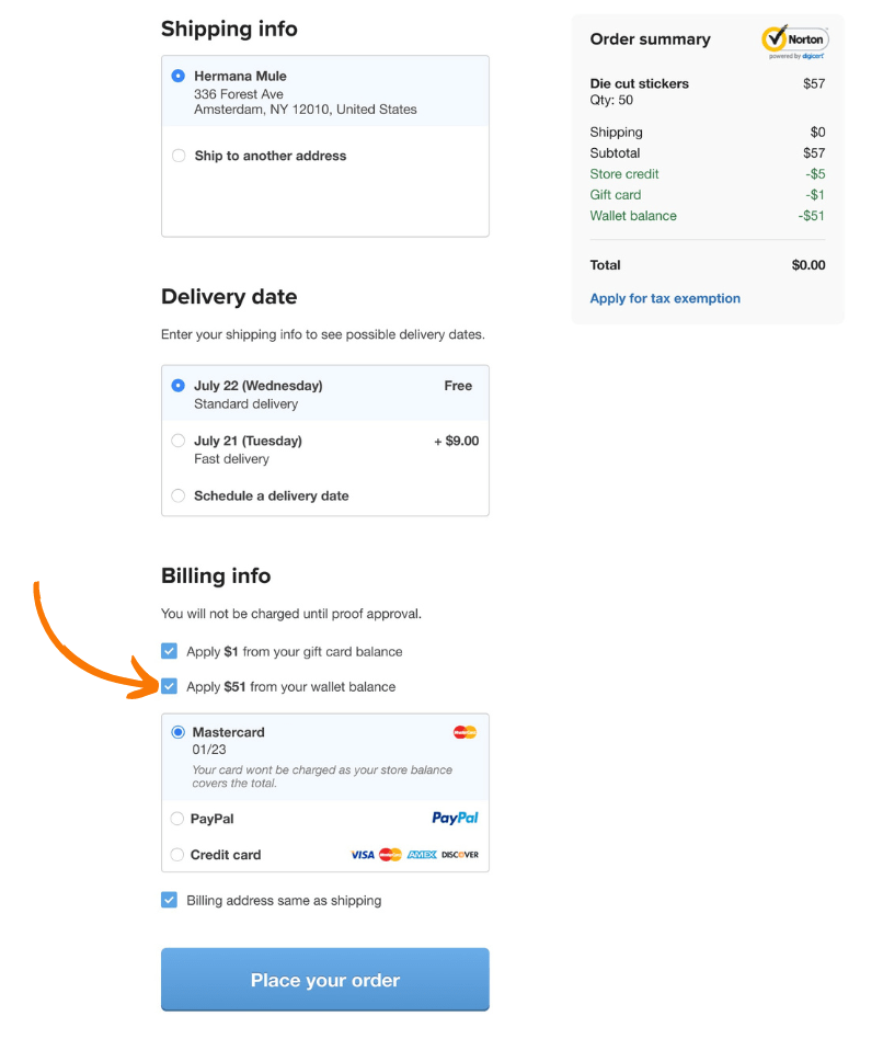 screenshot of how to apply your commissions earnings at checkout at Sticker Mule