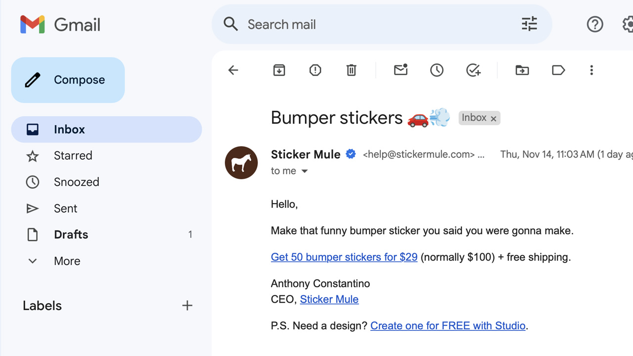 Screenshot of email