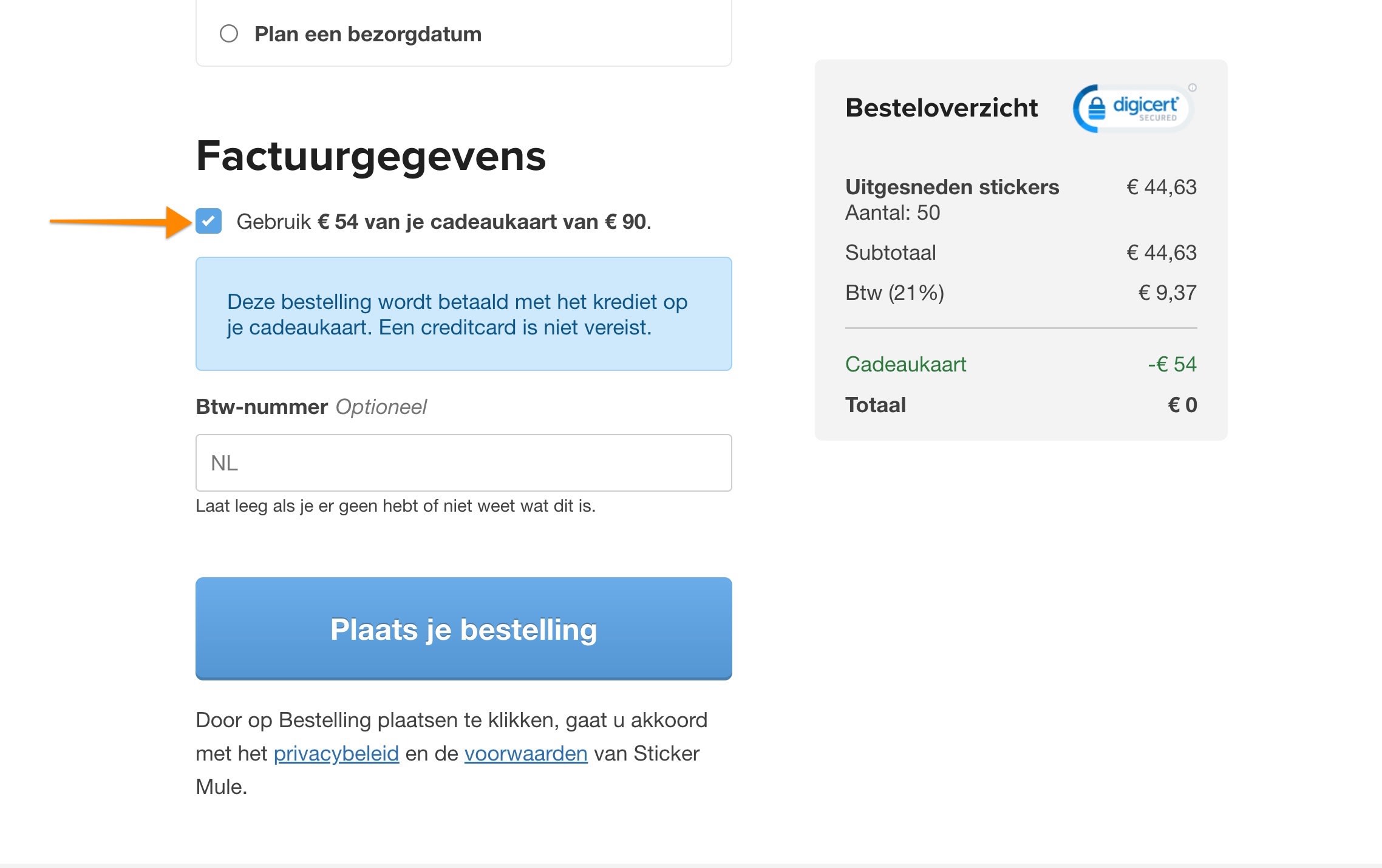 het tegoed van je cadeaukaart kan worden gebruikt bij het afrekenen
