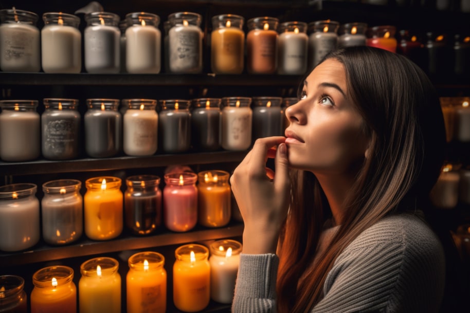 a woman wondering which candle to choose