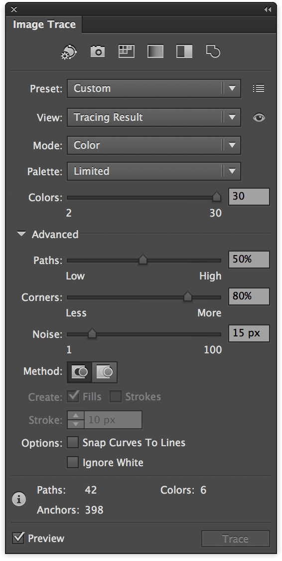 advanced options of image trace in illustrator