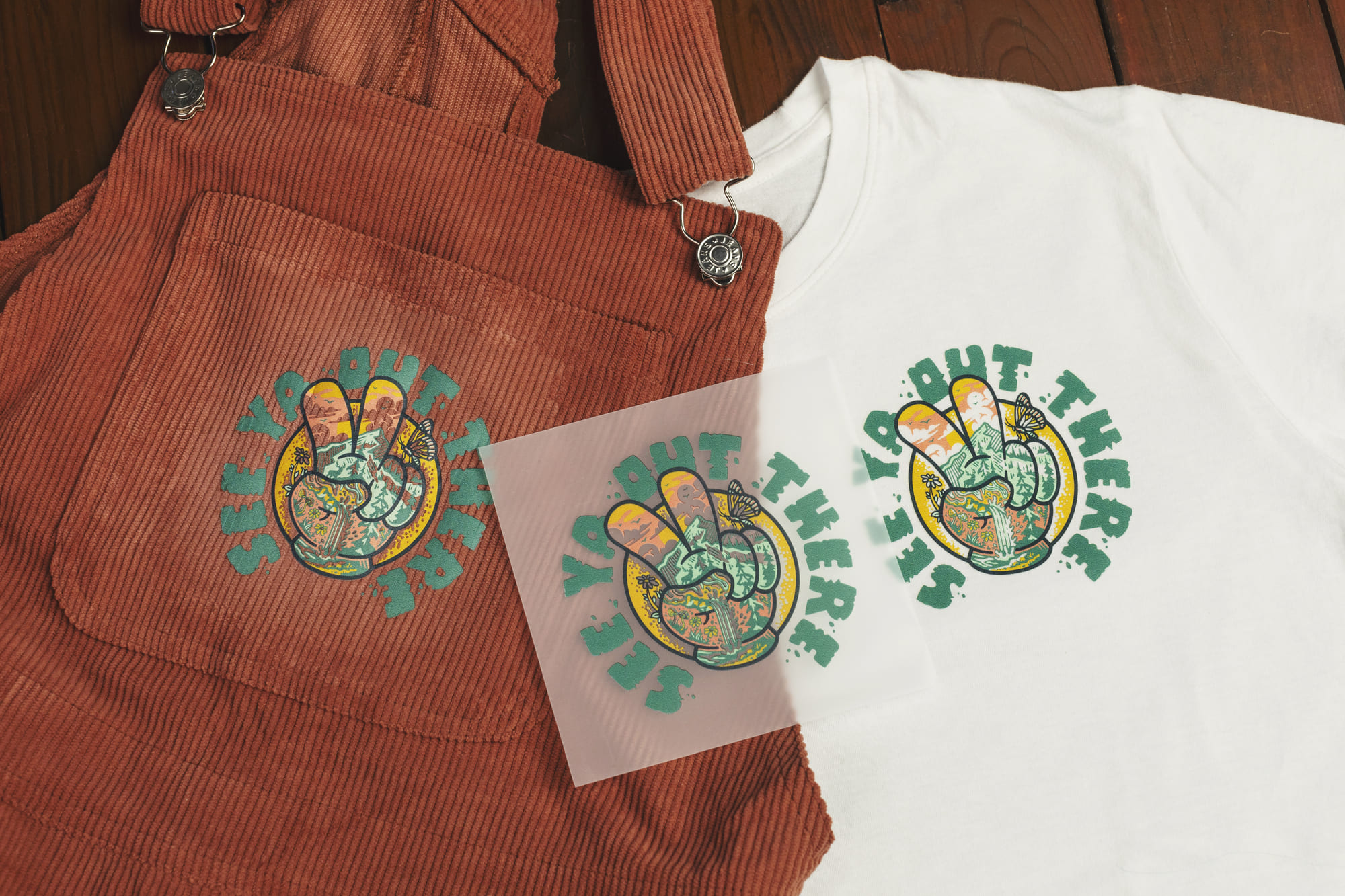heat press applied on cotton t-shirt and corduroy overalls