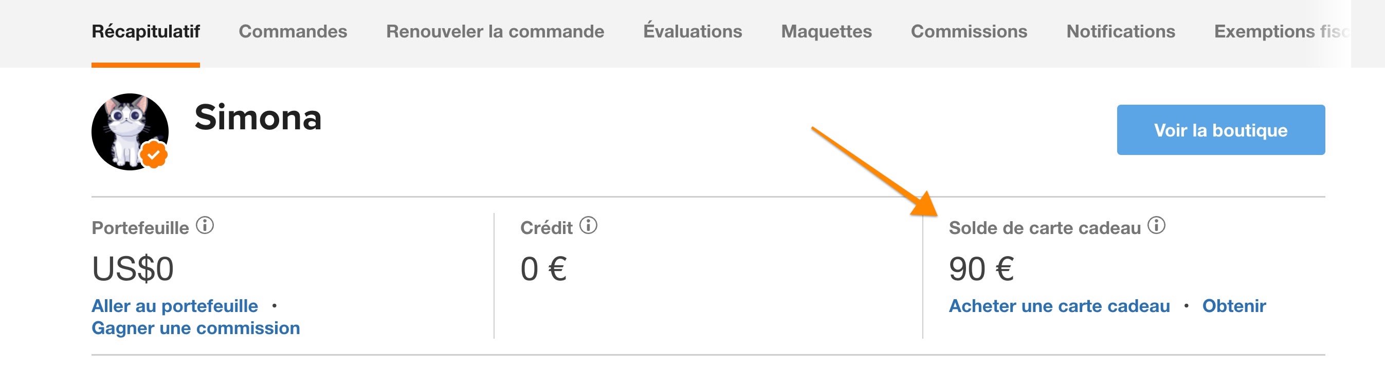 vous pouvez trouver les soldes des cartes cadeaux dans le récapitulatif de votre compte-FR