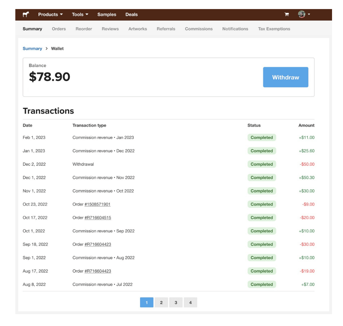 screenshot of where you can track your commissions purchases and referrals