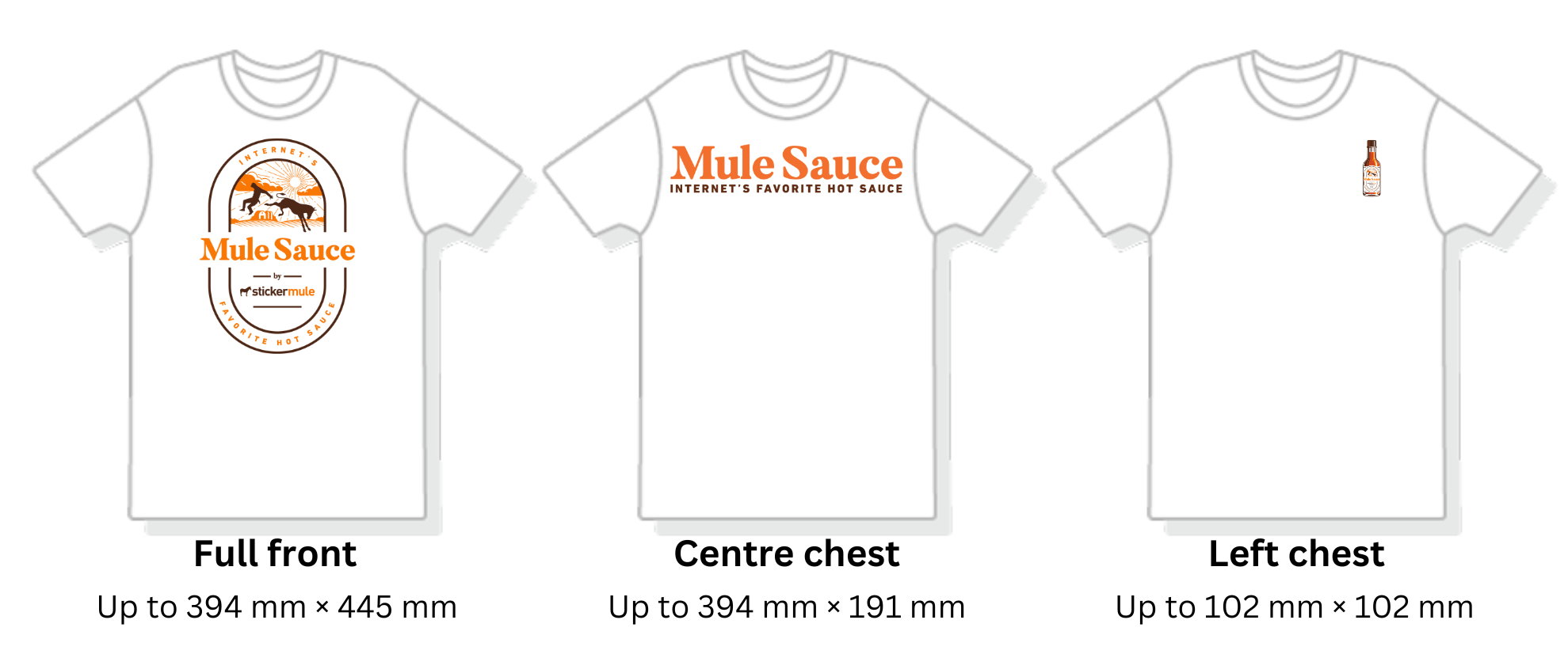 visual comparison of different print areas on custom t-shirts