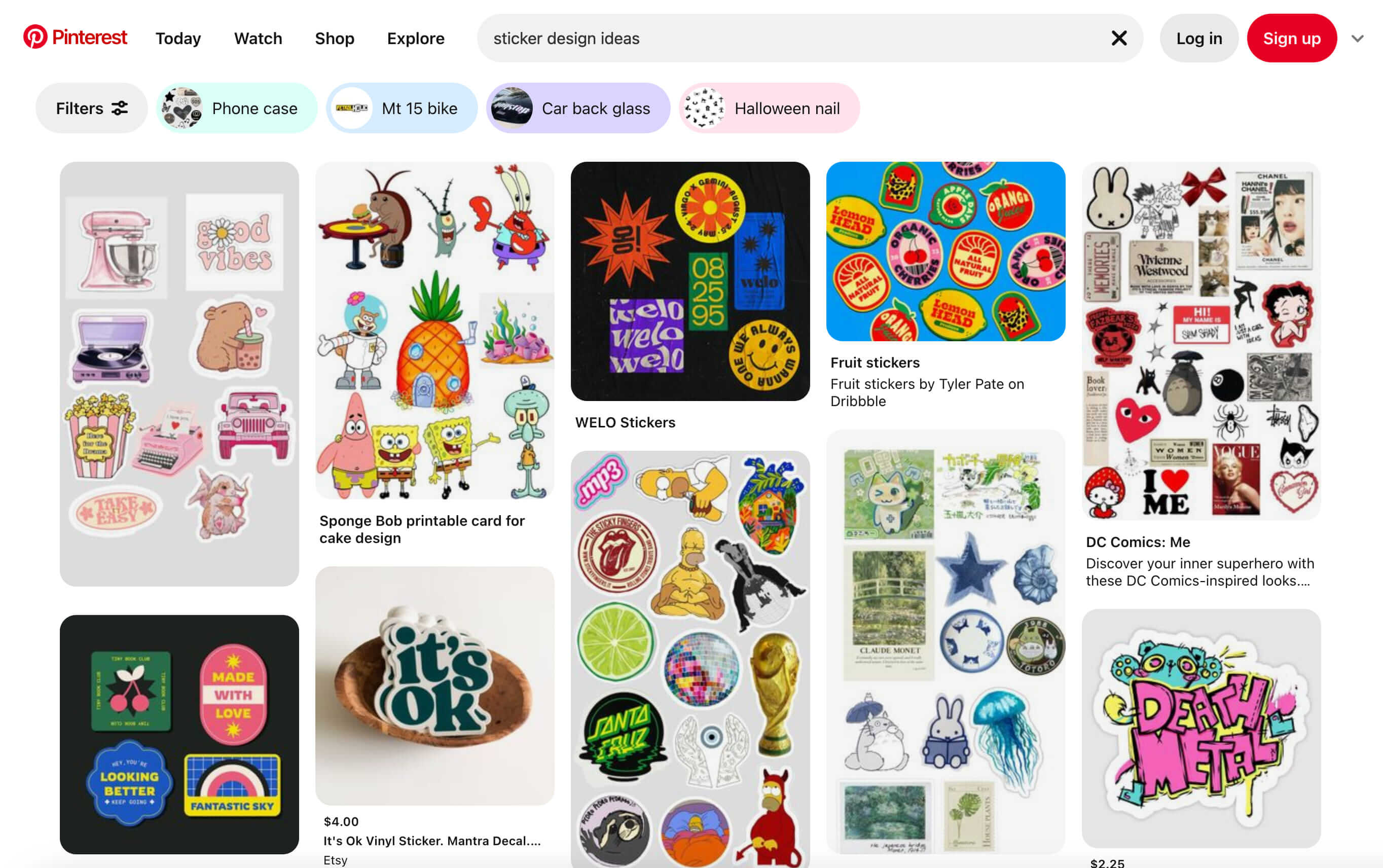 Pinterest results for 'sticker design ideas' show retro, playful, and themed stickers like fruit stickers, die-cut stickers and vintage graphics.